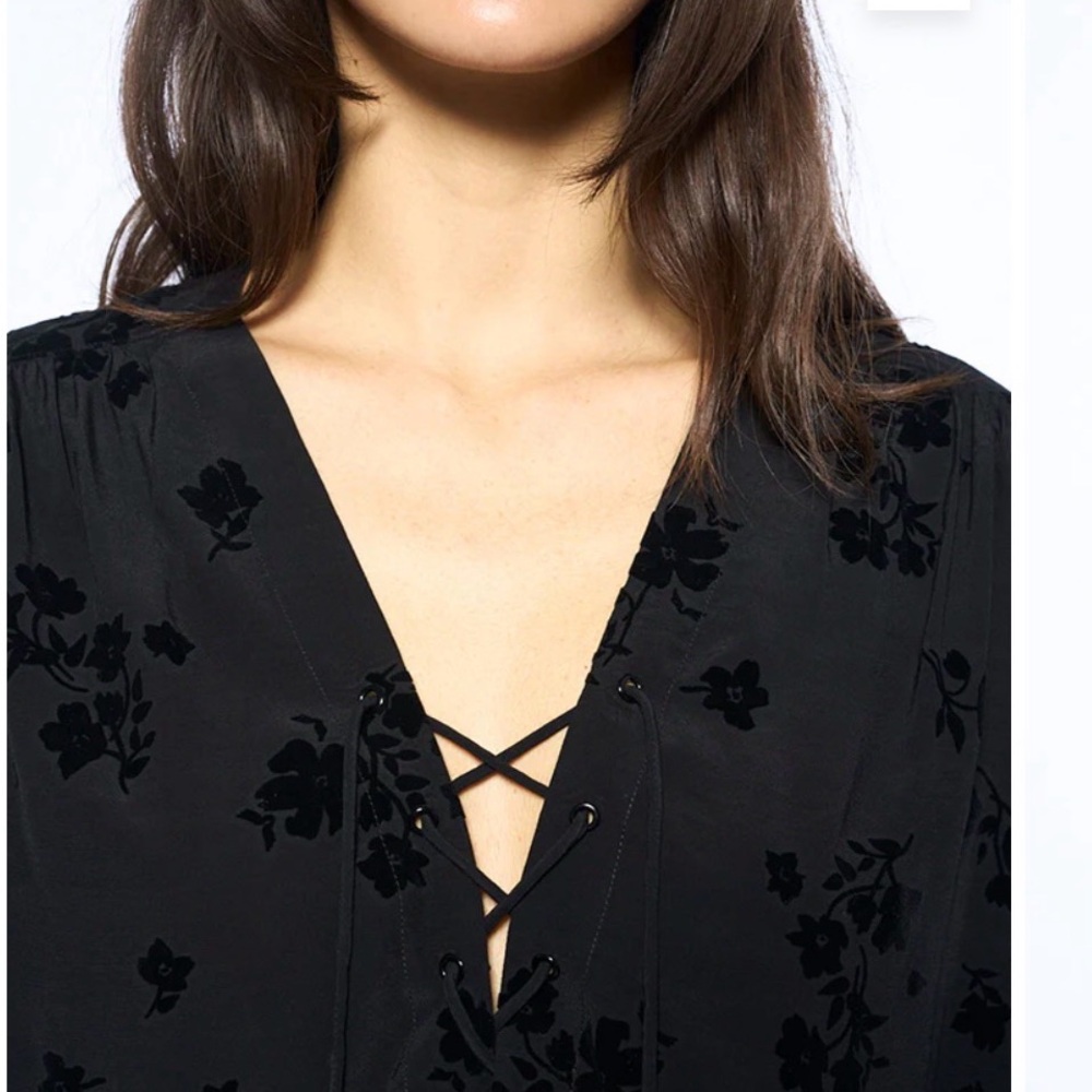 Zadig & Voltaire Tamala Black Floral Lace-Up V-Neck Women's top tunic size xxs - Picture 7 of 10